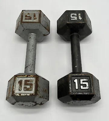  Pair Of Vintage 15lb Hex Head Iron Dumbbells  • $45.49