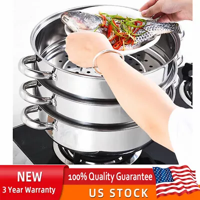 3 Tier Steamer Hot Pot Stainless Steel Cooker Steam Pot Food Cooking + Glass Lid • $40