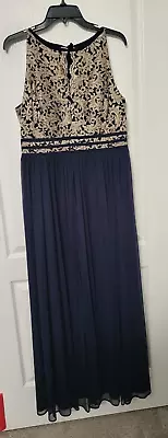 R&M Richards Women's Lace Sleeveless Formal Evening Dress Gown Size 14 Blue Gold • $15.99