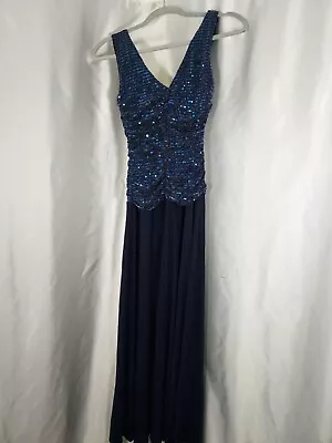 R M Richards Dress Size 4p Navy Blue Sleeveless Embellished Metallic Formal • $28.50