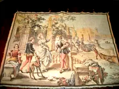 Antique Venice Italian Tapestry Courtyard Dogs Gondolas Brass Rod Clips Belgium • $141