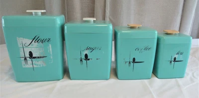 $69.99 • Buy Vintage MCM Canister Set  4 Pc + Lids Turquoise Plastic Coffee Tea Sugar Flour
