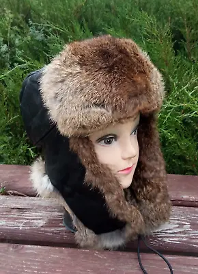 Unisex Winter Earflaps Made Of Rabbit Fur And Leather.56-58 Cm.Pilots Hat.hunter • $85