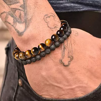 Men Bracelet Classic Lava Rock Tiger Eye Gem Stone Beaded Healing Boyfriend-2PCS • $9.59