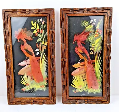 2 Mexican Feathercraft Folk Art Birds Real Feathers Carved Wood Frames Dtd 1949 • $39