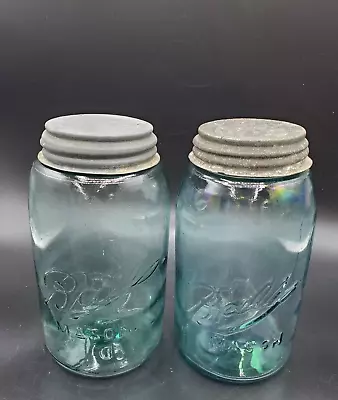 Vintage Ball Mason Triple L  1 Qt. Blue Glass Canning Jars (2) With Lids Bubbles • $10