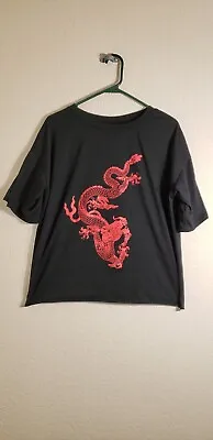 $8 • Buy ZAFUL Plus Size Chinese Dragon Print Longline Tee - Black Small 0056