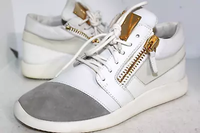 Giuseppe Zanotti Dual Zip-Front White & Gold Leather Sneakers Shoes 39.5 Or 9 US • $74.99