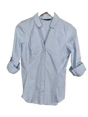 NEW Zara Basic Size M 76% Cotton Blue And White Button Up Blouse Shirt • $12.90