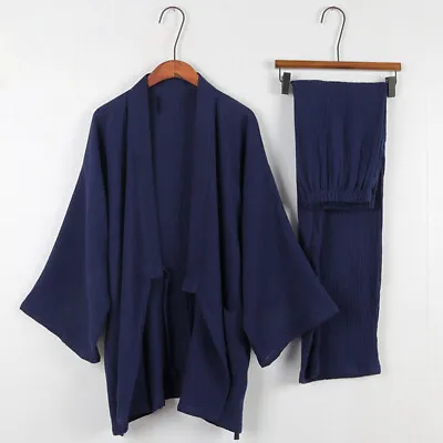 Japanese Men's Crepe Cotton Yukata Pajamas Set Kimono Top Pants Sleepwear Lounge • $38.39