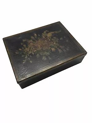 Vintage Candy Tin Black Hinged Box Painted Floral • $18