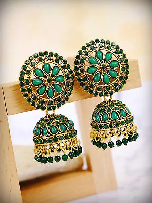 Indian Bollywood Earrings Gold Meenakari Pakistani Floral Green  Women Jhumki • $14.99