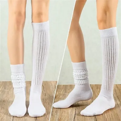 Ladies White Slouch Socks Cotton Scrunch Knee High Extra Long Heavy Womens Sock • £3.25