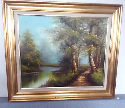 Oil On Canvas Painting Woodland River Landscapes Art Work Picture Gilded Frame • £46