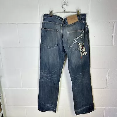 Vintage Ed Hardy Jeans Mens W32 Blue Regular Bootcut Skull Y2K Rhinestone Tattoo • £68.95