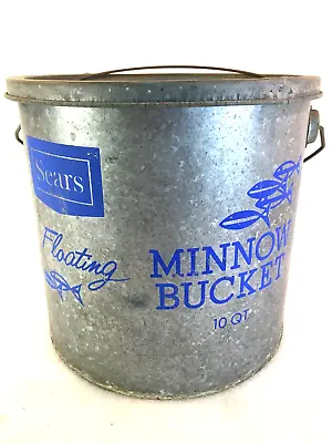1950's Sears Aluminum Floating Minnow Bucket W/Wire & Wooden Handle 10 Quart • $44