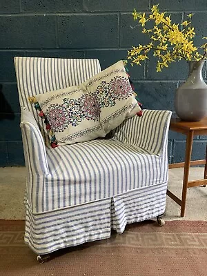 Antique Edwardian English Mahogany & Blue Stripe Bedroom Lounge Chair C1910 • £220