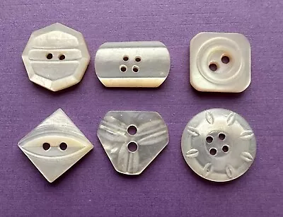 6 Vintage Lustrous Mother Of Pearl Buttons Including Carved And Etched Designs • $6.25