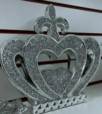 £19.99 • Buy XL Silver Crushed Diamond Sparkly Crown King Queen Ornament Shelf Sitter