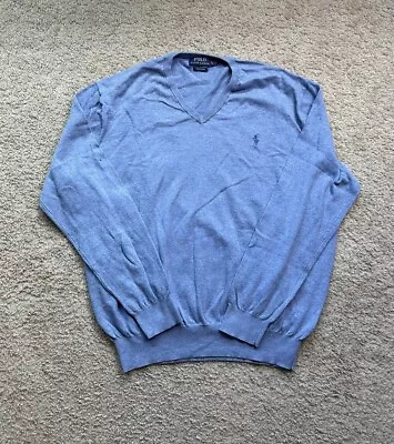 POLO RALPH LAUREN Men’s Pima Cotton V Neck Knit Sweater Lightweight Blue Sz XL • $19.95