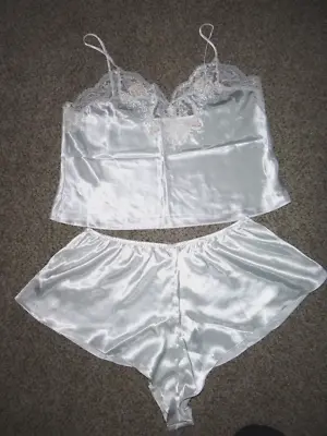 Vtg Val Mode Ivory Liquid Satin Camisole & Tap Pants Lingerie Beaded Applique 1X • $39.99