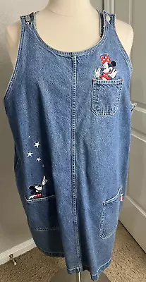 Vintage Mickey  Blue Denim Jumper Dress Size 22W Disney Retro 90s Knee Length • $22