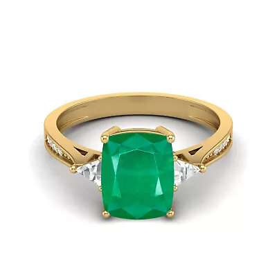 10k Yellow Gold 9x7MM Cushion Shape Emerald Three Stone Women Promise Ring • $268.40