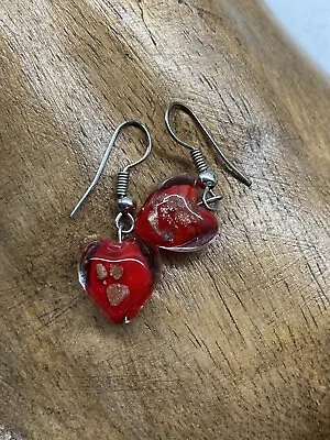 Glass Murano Red Heart Earrings Drop Hook Fastening Gold Effect Stainless Steel • £7