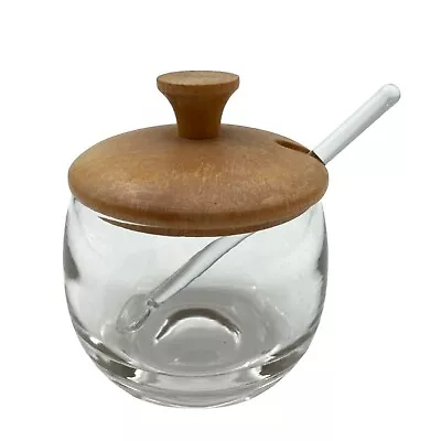 Vintage Glass Honey Pot Jam Jelly Condiment Jar & Dipper Spoon W Wood Lid 3.25  • $12.99