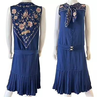 Vintage 1920s Flapper Dress Chainstitch Embroidery Drop Waist Navy Blue S/M • $395