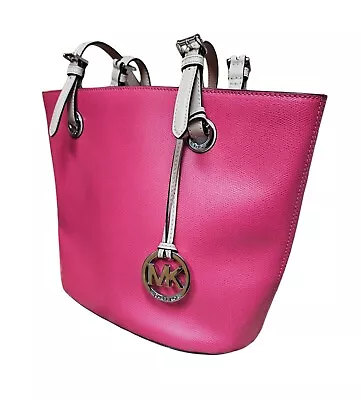 Michael Kors Saffiano Leather Candy Pink Jet Set Handbag Cream Strap Grey Fabric • $69.95