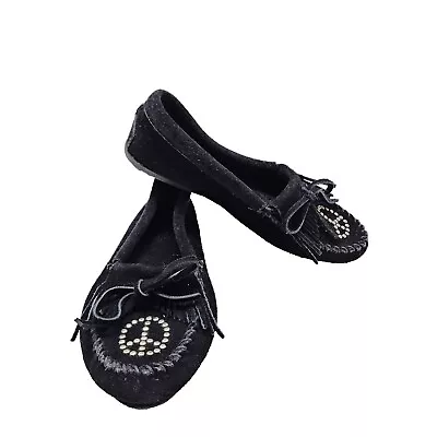 Minnetonka Womens 7 Black Suede Leather Slip On Moccasins Shoes Studded Peace  • £16.40