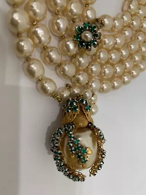 Sign Miriam Haskell Huge Pearls Baroque Green Rhinestone Necklace Jewelry • £245.13