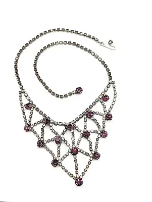 Vintage Purple & Gray / Clear Rhinestone Statement Bib Necklace *Missing 1 Stone • $10