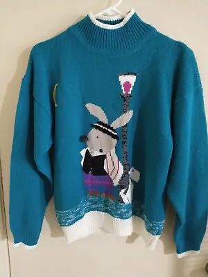 Vintage Spice It Up Women's M Dark Teal Blue W Bunny Rabbit Dog & Lamp Sweater • $17.99