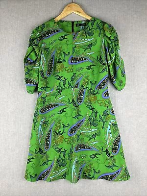 Zara  Paisley Puff Sleeve Dress Size L Large Green A LIne Day Dress Polyester • $27.95