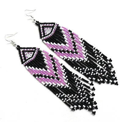 New Native Style Black Pink Beaded Handmade Long Fashion Hook Earrings E60/21 • $11.99