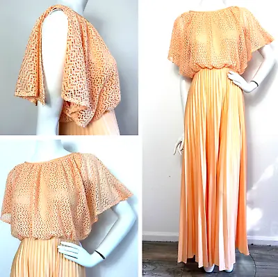 Vintage 70s Formal Maxi Dress JC Penney Pleated Lace Split Sleeve Peach S EUC • $39.95