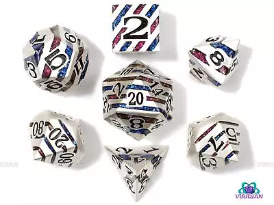 Red & Blue Stripe | Shiny Silver Metal Mica Glitter | Metal Dice Set (7) | • $29.75