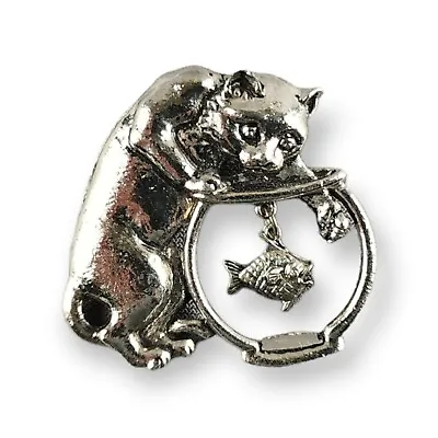 $16 • Buy Vintage Brooch, Pin Silver-tone Cat Fishing In Fish Bowl Unsigned Estate Jewelry