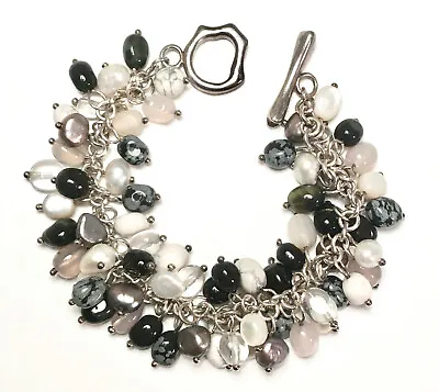 Sterling Silver Cha-Cha Bracelet FW Pearls MOP Onyx Howlite Crystal++ 7.5   • $88