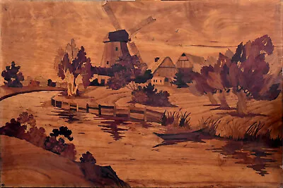 Vintage 1930s German Marquetry Picture - Windmill Landscape - 20x30 - Unframed • $195