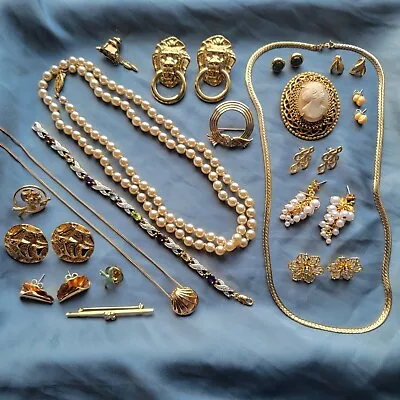 Vintage Gold Tone Costume Jewelry Lot Cameo Avon KJL Door Knocker Florenza Pearl • $25