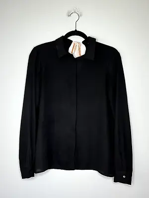ZARA BASIC Black Button Up Long Sleeve Sheer Blouse With Velvet Neck Tie Size S • $9.93