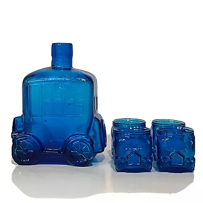 Vintage Cobalt Blue Glass Race Car Driver Liquor Decanter And Shot Glasses • $45