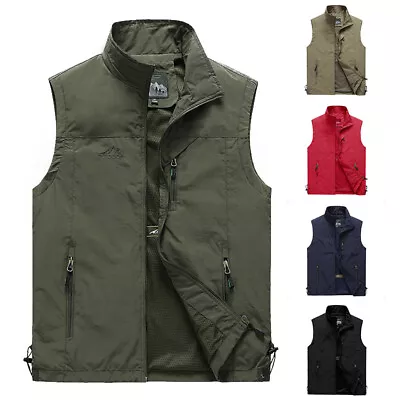 Mens Cargo Multi Pocket Vest Utility Waistcoat Fishing Hiking Safari Gilet Coat • £4.76