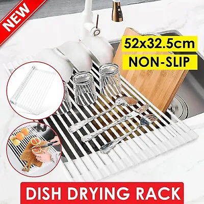 Dish Rack Drying Drainer Over Sink Stainless Steel Rack Roll Up Foldable Kitchen • $27.49