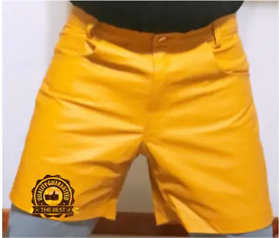 MensCow Leather Shorts Yellow Casual 5 Pocket Short Zipper Fly Real Leather New • $67.23