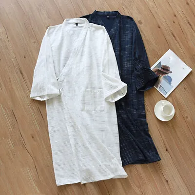 Men PJs Pyjamas Bathrobe Cotton Stripe Kimono Yukata Nightwear Loungewear Belted • $28.76