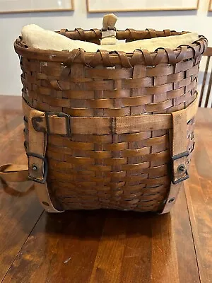 Antique Adirondack Wicker Backpack Basket With Rare Canvas Liner And Top Flap • $225